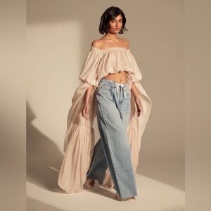 Whimsical Elongated Bell Sleeve Cream Off-Shoulder Blouse